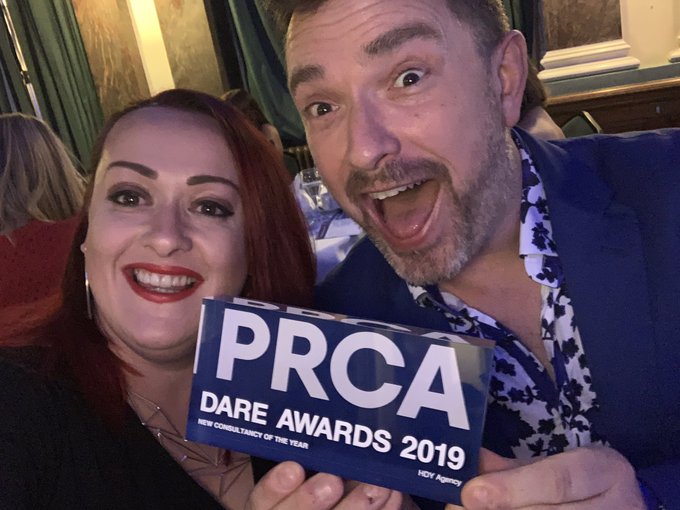 HDY founders, Ed and Angel, celebrating award win at the PRCA Dare Awards.