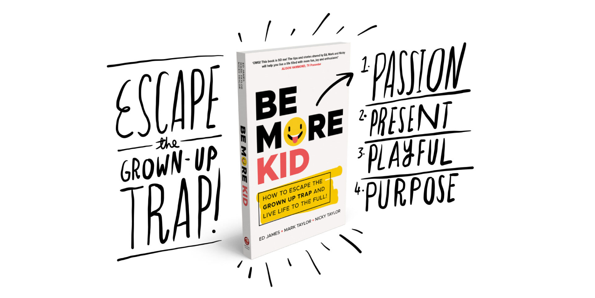 Photo of a book which reads 'Be More Kid on the cover'. The image is surrounded by text reading 'Escape the grown-up trap' and 'passion, present, playful, purspose.'