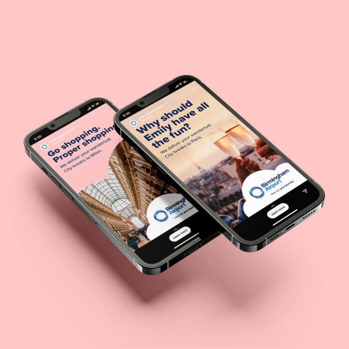 Two iPhones with mock-ups of social media ads for Birmingham Airport. Text reads 'Go Shopping. Proper shopping.' and 'Why Should Emily have all the fun?' in front of a photo of the Eiffel Tower.