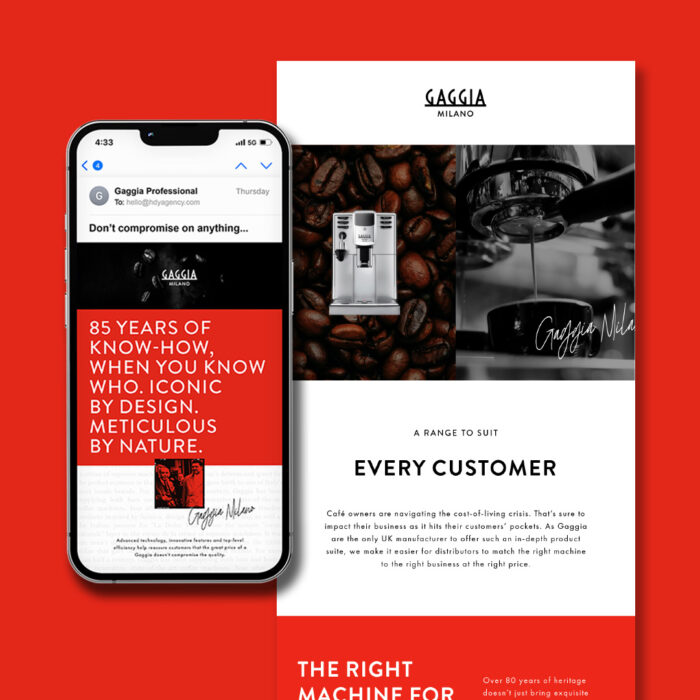 Graphic with mobile phone mock up of a new red, black and white website for Gaggia UK coffee machines.