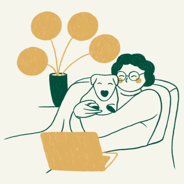 Illustrative cartoon of a woman cuddling her dog on the sofa. Drawn in the Obitus green and yellow brand colours.