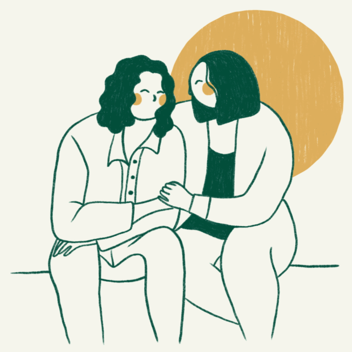 Illustrative cartoon of too women sat together and comforting each other. Drawn in the Obitus green and yellow brand colours.
