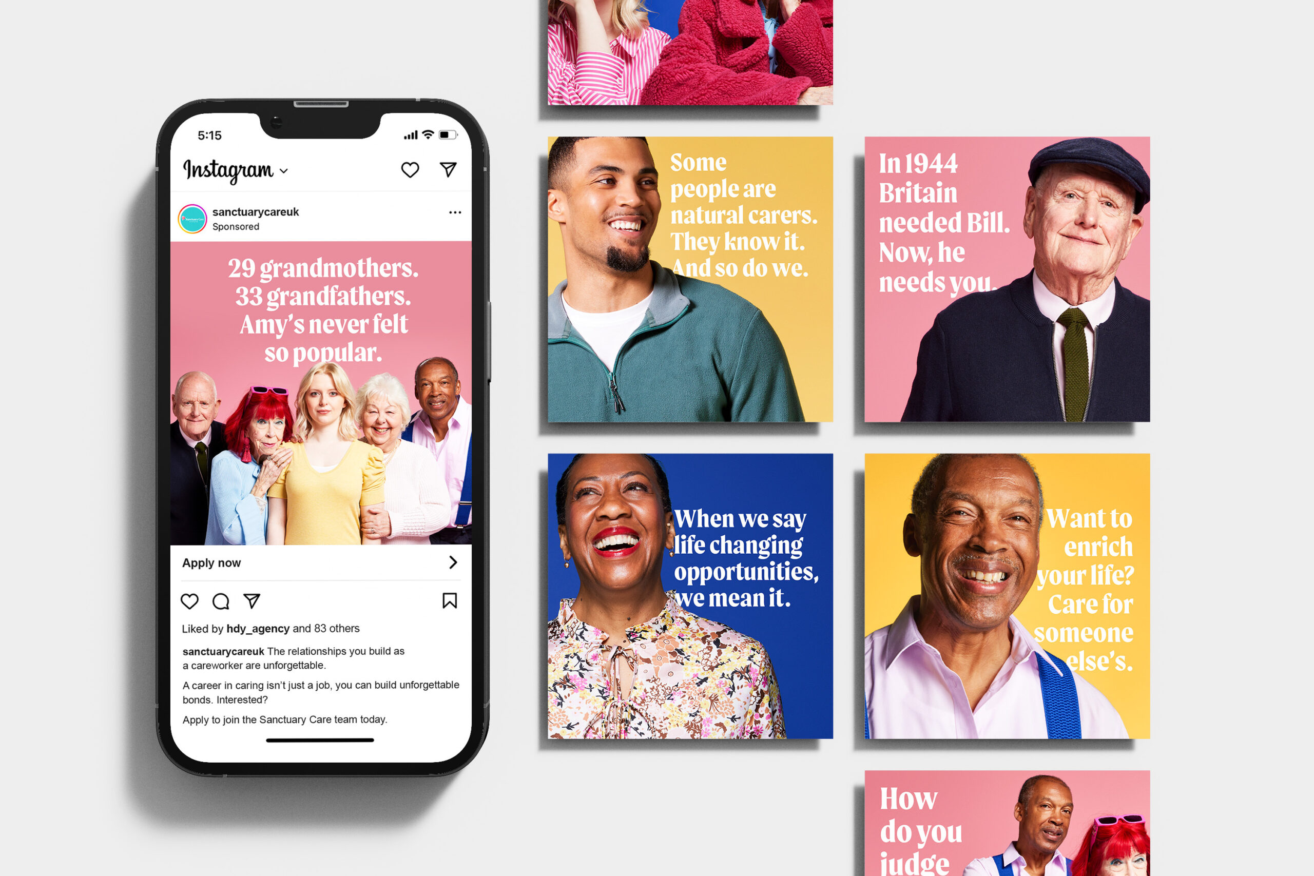 Mobile phone demonstrating a Sanctuary care ad on Instagram. The ad includes images of senior adults smiling and laughing.