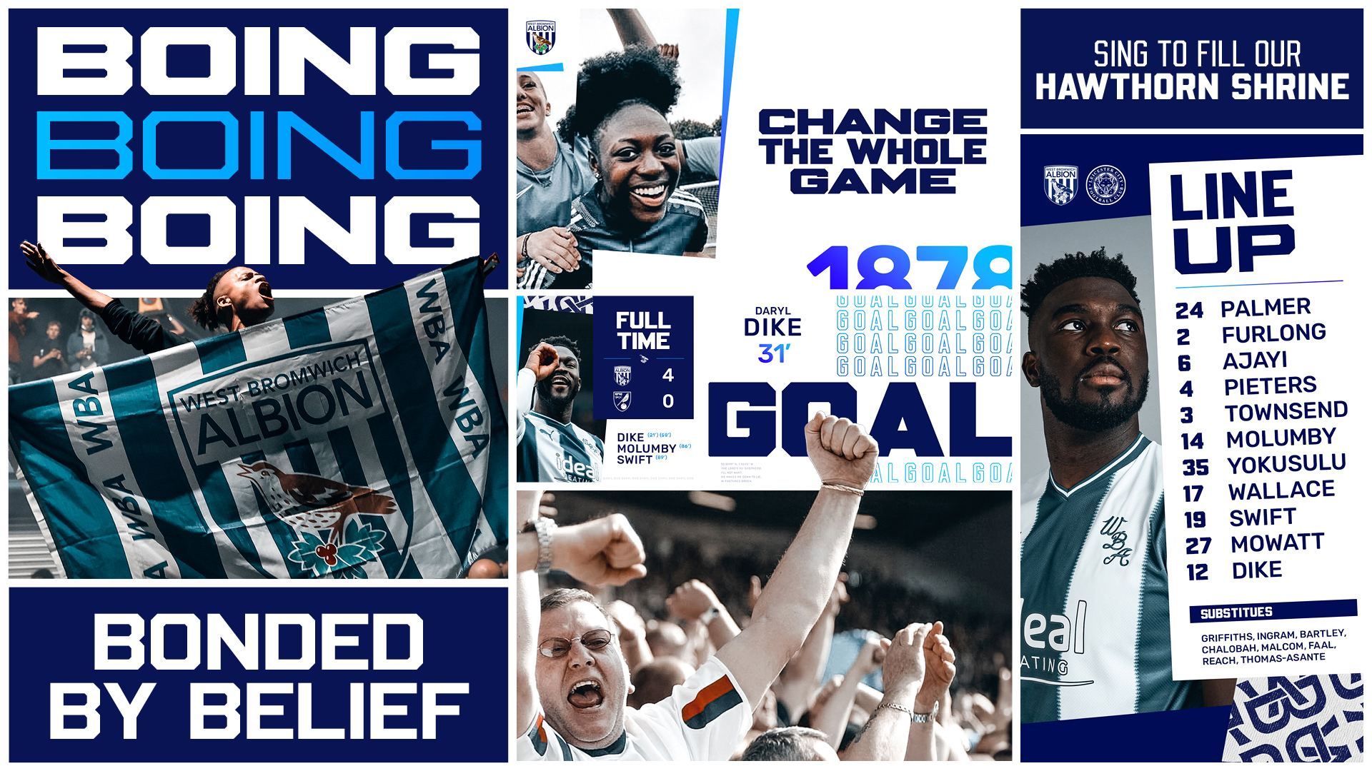 Collage of West Bromwich Albion brand graphics. All in blue and white, they include images of football players, fans, and text such a 'bonded by belief' and 'boing boing boing'.