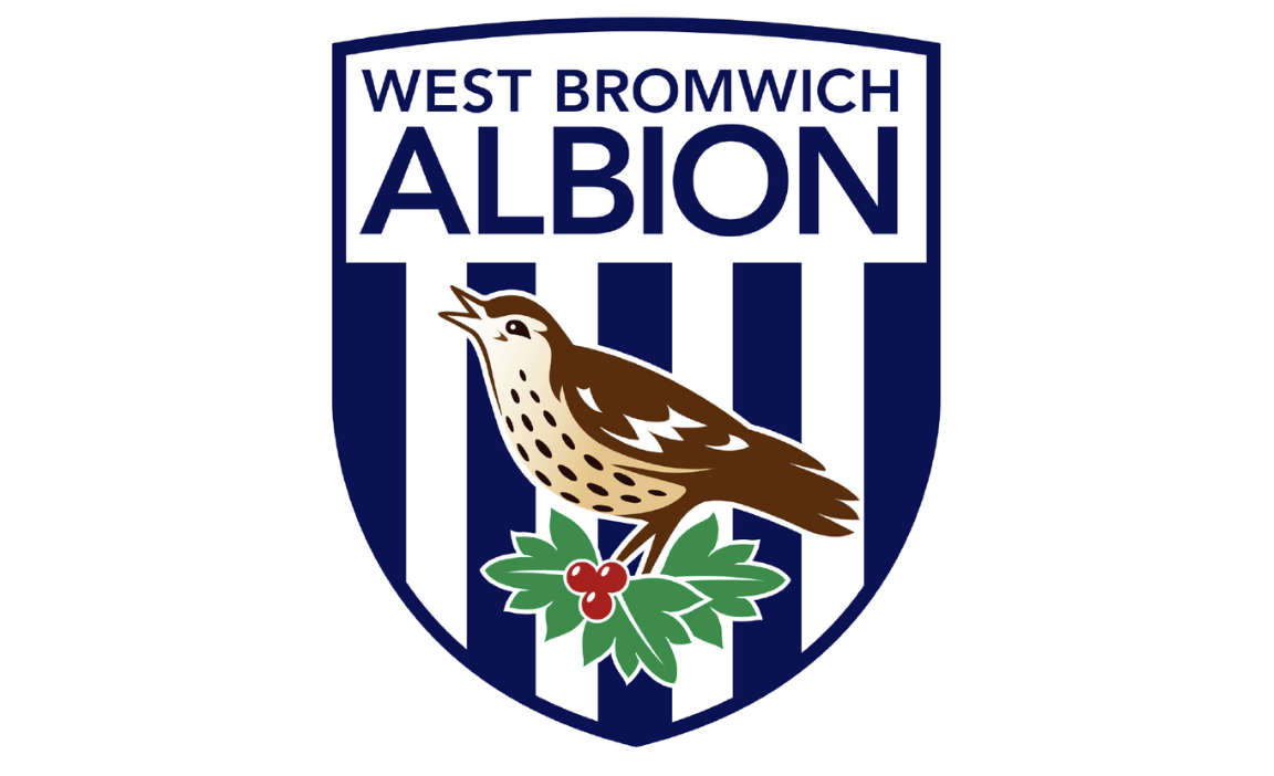 West Bromwich Albion football crest; navy and white striped shield with a throstle bird in the middle.